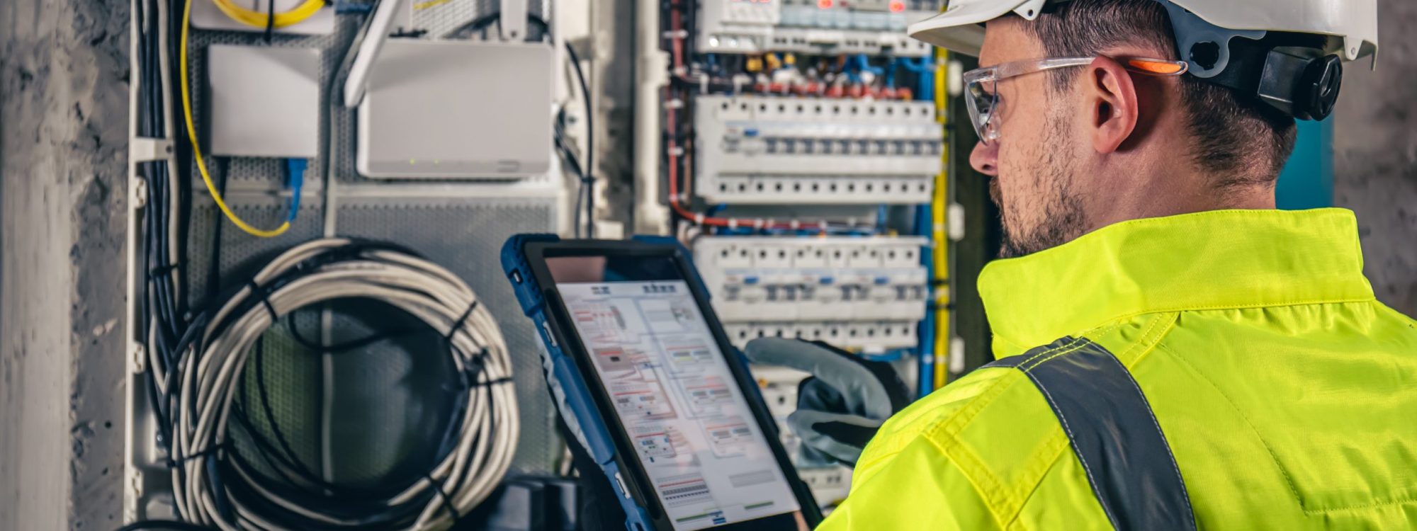 Man, an electrical technician working in a switchboard with fuses. Installation and connection of electrical equipment. Professional uses a tablet.